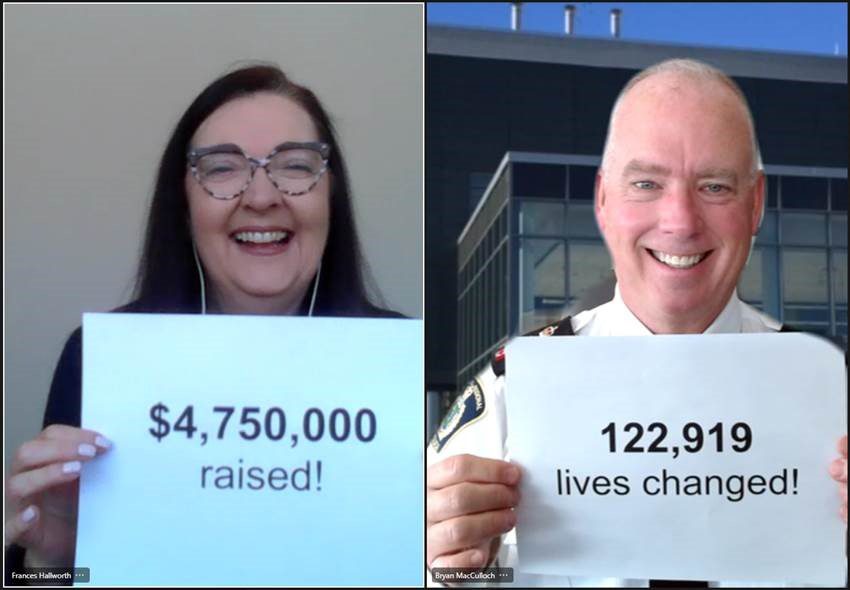 Frances Hallworth and Campaign Chair Chief of Police Bryan MacCulloch hold up signs on a Zoom call showing the amount raised and how many lives were changed in 2021