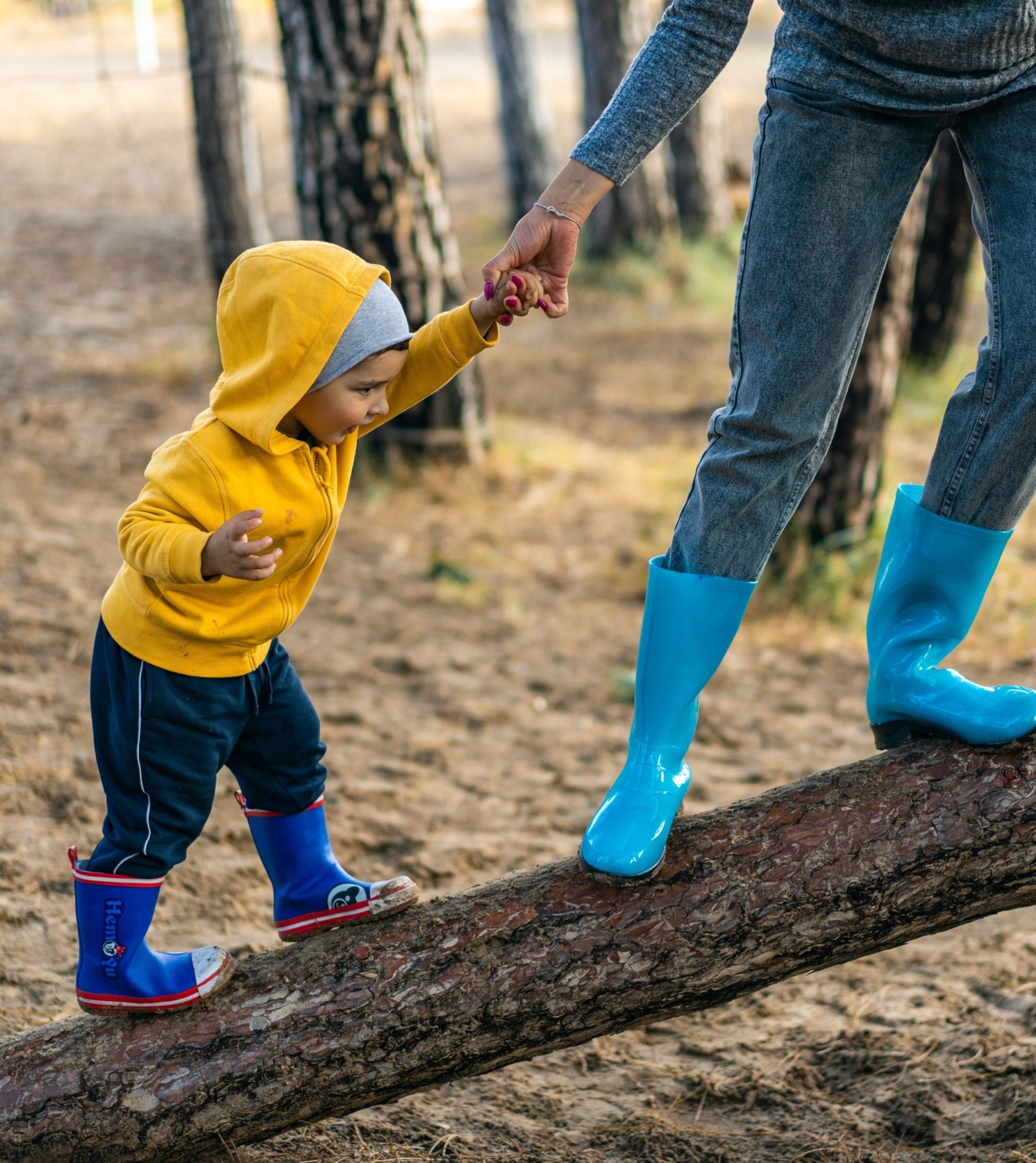 Child and mother playing on natural playground