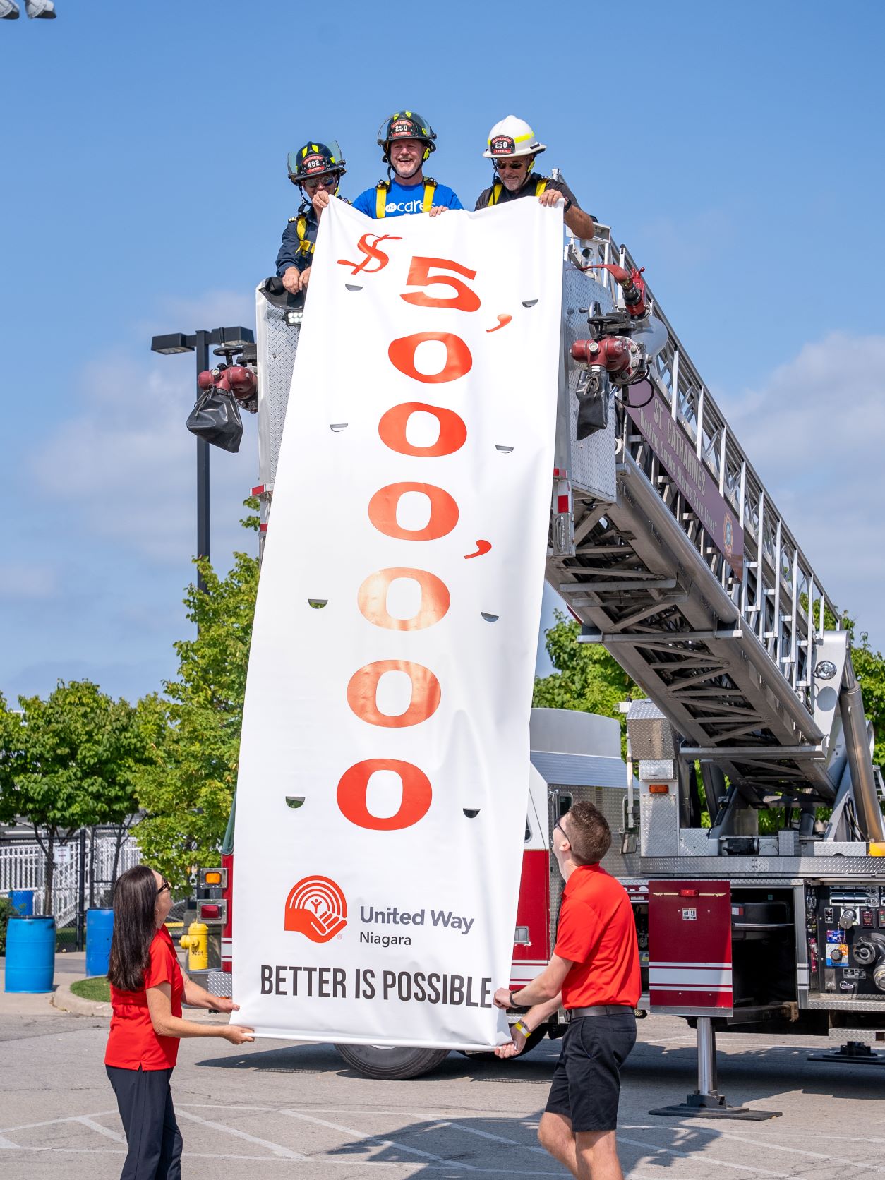 $5 million golad on banner dropped from fire truck ladder