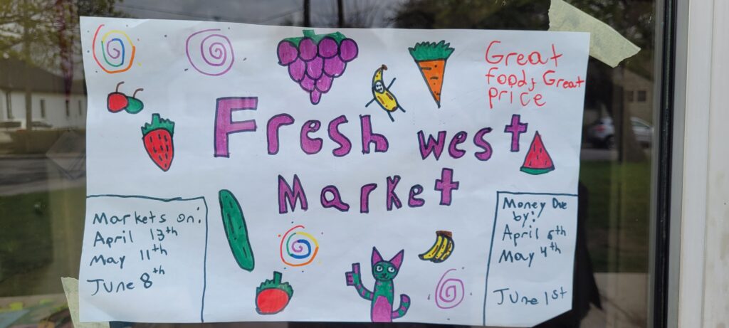 hand drawn poster - headline fresh west market. Including brightly colored pictures of various fruits and vegetables.
