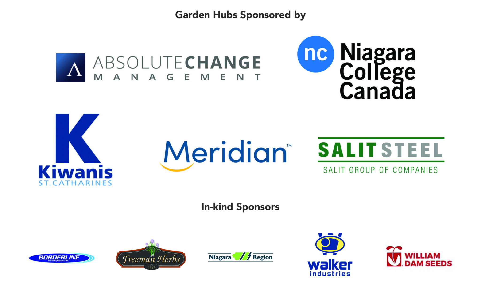 Garden Hubs sponsored by Absolute Change Management, Niagara College Canada, Kiwanis St. Catharines, Meridian, Salit Steel. In kind sponsors, Borderline Systems, Freeman Herbs, Niagara Region Waste Management, Walker Industries and William Dam Seeds.