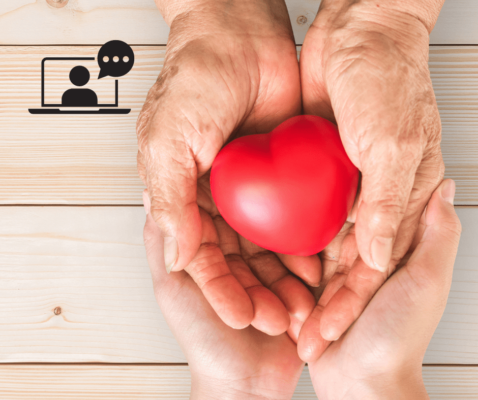 Decorative image of two peoples hands holding a red heart shaped figure. learning webinar graphic on top left.